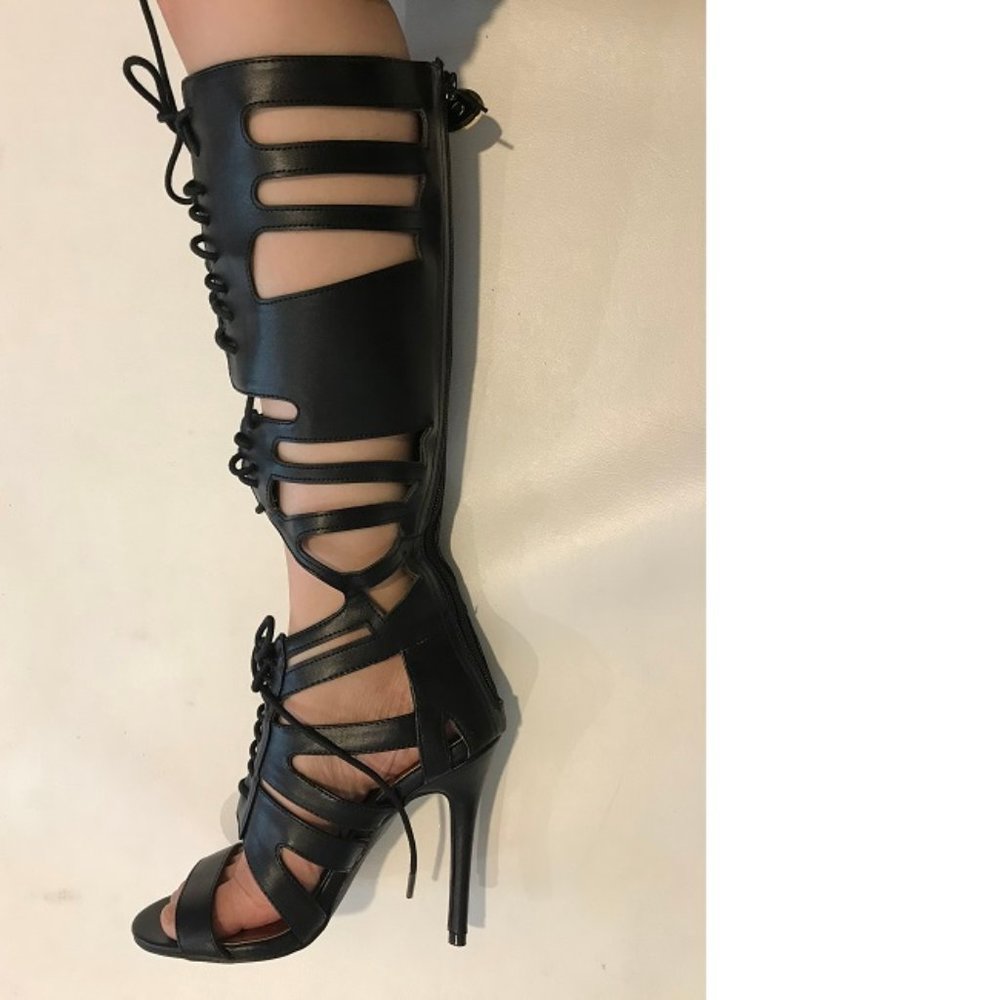 bebe black cutout lace up boots high heel size 7